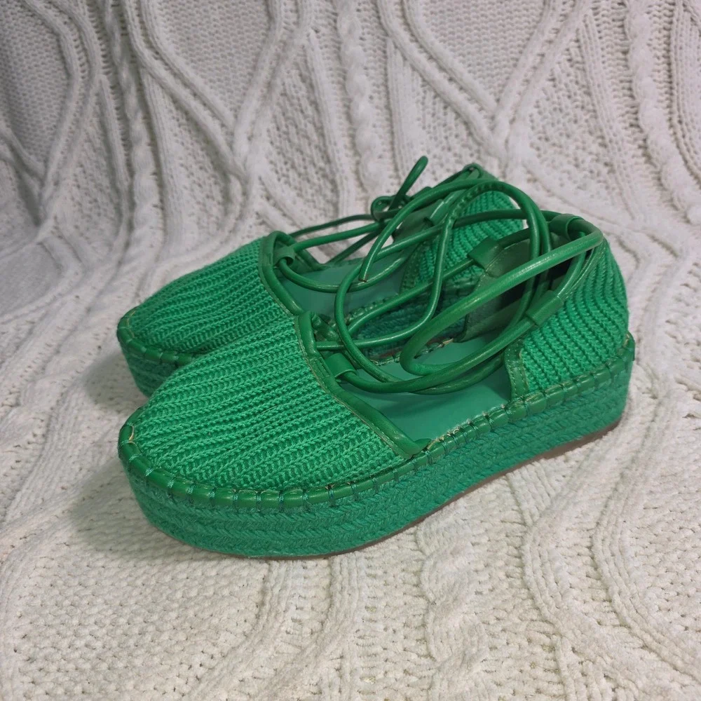ASOS Espadrille Platform Sandals Green Lace Up Ankle Flatform Women US 7 NEW